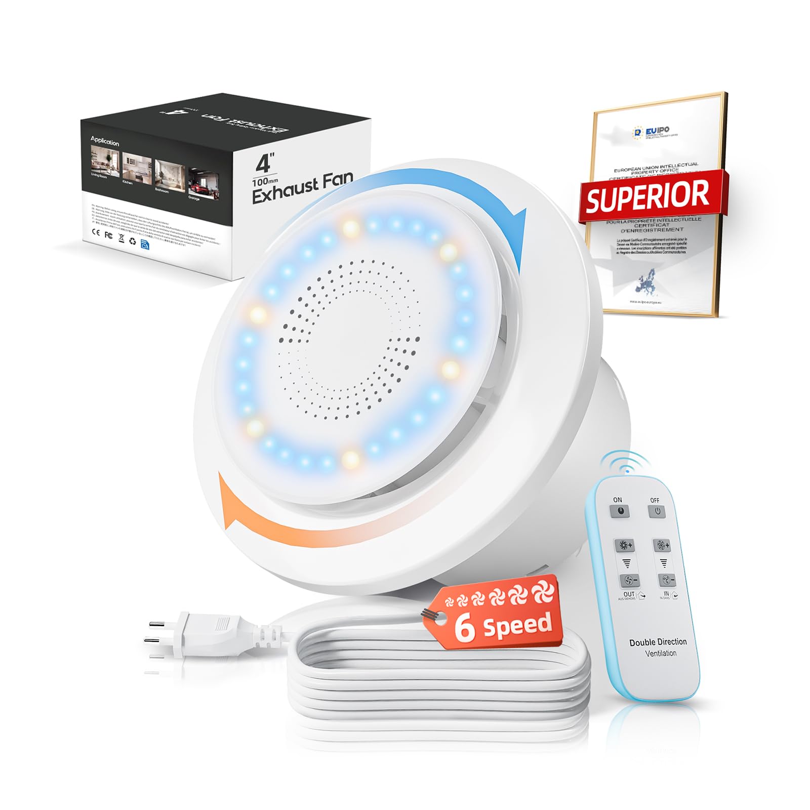 Badlüfter 100mm 6Drehstufen 2Wege Abluftventilator mit Fernbedienung, 3000U/min 220m³/h Sichtbare Richtungs Geschwindigk