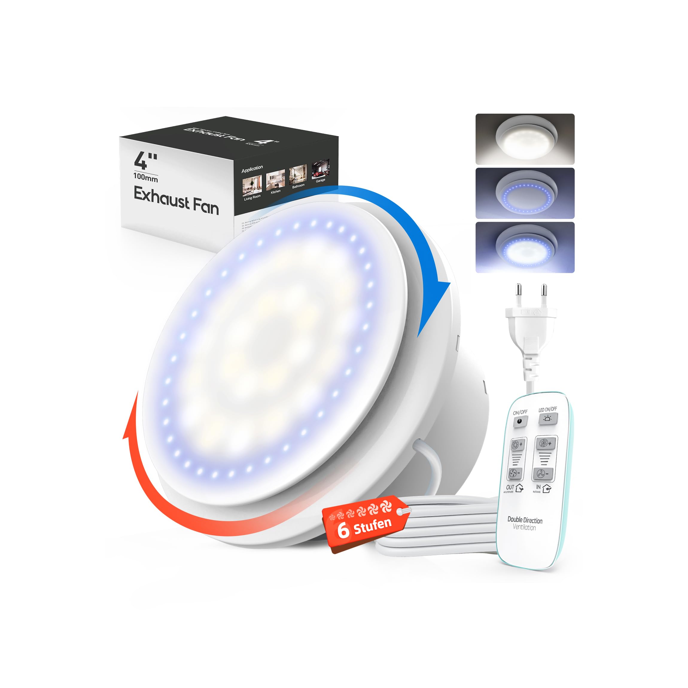 Abluftventilator 100mm - 11 Lichteffekte, leise Betriebsart und 6 Geschwindigkeiten für Bad und Küche